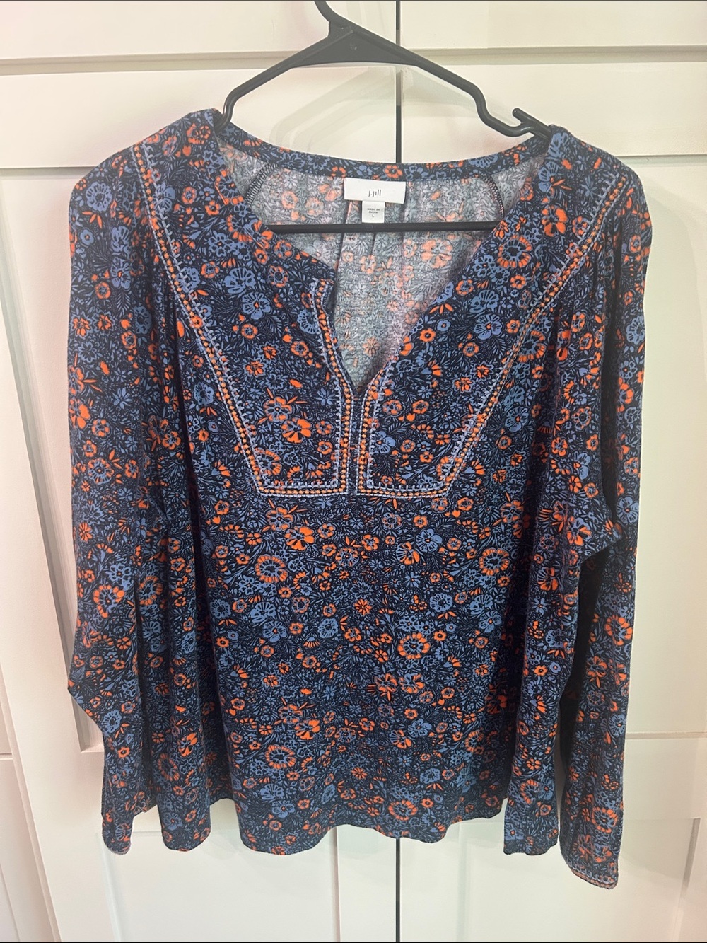 J Jill Navy Floral Split V-Neck Long Sleeve Blouse with Orange Accents